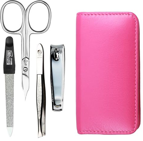 Maniküre Set 4 teilig Reise Etui - Nagelschere, Nagelknipser, Nagelfeile und Pinzette - Etui aus echtem Nappa-Lammleder - Maniküre und Pediküre (Pink)