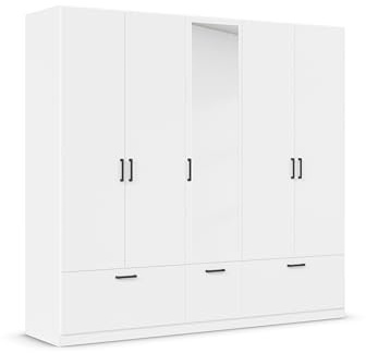 Rauch Möbel BARI, Kleiderschrank, Farbe Weiß, Breite 226 cm | Schrank, 5-türig, Spiegel, 3 Schubladen, für Schlafzimmer, Kinderzimmer, Babyzimmer, Homeoffice, Garderobe, Flur