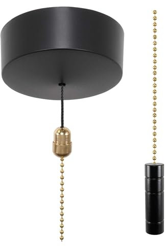 ElekTek Premium Matt Black Bathroom Light Pull Cord Switch Kit - Black Cylinder Brass Chain