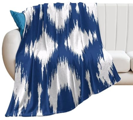 DreamAutumn Überwurfdecke im abstrakten Ikat-Stil mit weißem und blauem Muster, warm, superweich und plüschig, Flanell-Überwurf für Bett, Couch, Sofa, Büro, leichte, gemütliche, flauschige Decken für