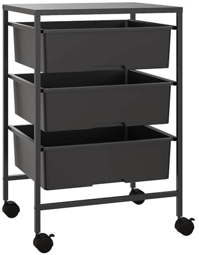 HOMCOM Carrito Auxiliar con Ruedas Carrito de Cocina de 3 Niveles con 3 Cestas para Almacenamiento y Marco de Acero para Comedor Sala Baño 40,8x33,5x60,5 cm Negro