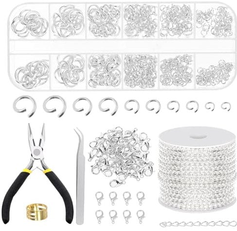 Swpeet 504Pcs Silver 3mm Jewelry Making Kit With Chains, Jump Rings, Plier, Curved Tweezers, Ring Opener and Lobster Clasps - Tools for Necklace and Bracelet DIY