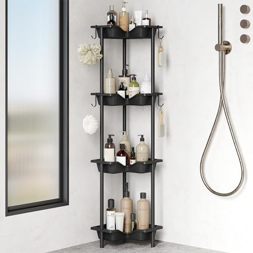 Orimade 4 Stück Duschregal Stehend Rostfrei, Ecke Duschablage Freistehende mit 4 Haken, Kunststoff-Metall-Verbindungen Duschkörbe Bodenstehend für Badezimmer, 10 x 10 x 44.6 inches Schwarz