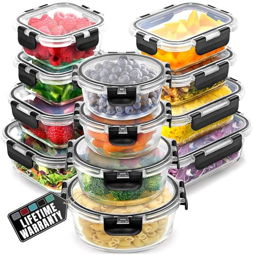 Zulay Kitchen Lot de 12 récipients alimentaires en verre borosilicate avec couvercles hermétiques - Passe au micro-ondes, congélateur et four - Sans BPA - Noir