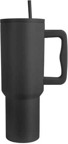 WIGUROE Travel Mug Coffee Cup, 40oz Stainless Steel Vacuum Insulated Tumbler with Straw and Lid & Handle, Steel Double Wall Vacuum Insulated Coffee Water Bottle Thermos for Cold Hot Coffee-Black