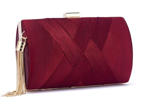 QIUTIMIY Damen Clutch Geldbörsen Abendtasche Quaste Abendhandtasche, Lady Party Fransen Prom Clutches Geldbörse Kette Umhängetasche,Weinrot