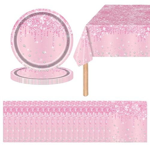41Pcs Baby Pink Tableware Shiny Glitter Diamond Party Plates,Pink Paper Plates and Napkins Pink Tablecloth,Pink Sparkling Dinnerware Set for Her Birthday,Wedding,Baby Shower Party Pink Tableware Set