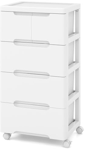 COSTWAY Chest of Drawers, 5/6/7-Drawer Dresser Storage Cabinet with Wheels, Modern Tall Freestanding Chest Cupboard Drawers Organiser Unit for Bedroom, Living Room, Closet and Hallway (White, 4-Tier)