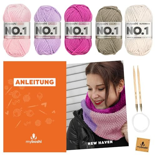 myboshi Strickset Schal New Haven, inkl. No.1 Wolle, Rundstricknadel, Anleitung und Label, Strickpaket für Anfänger, 30% Merinowolle, Rosa mit Rundstricknadel