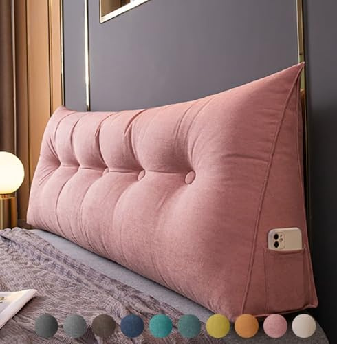 Bettkissen Rückenlehne 80cm Rosa, Rückenkissen Bett Keil Kopfteil Kissen, Waschbar Abnehmbar Rückenstützkissen Lendenkissen mit Seitentasche, Bequemes Groß Wandkissen Lesekissen für Bett und Sofa