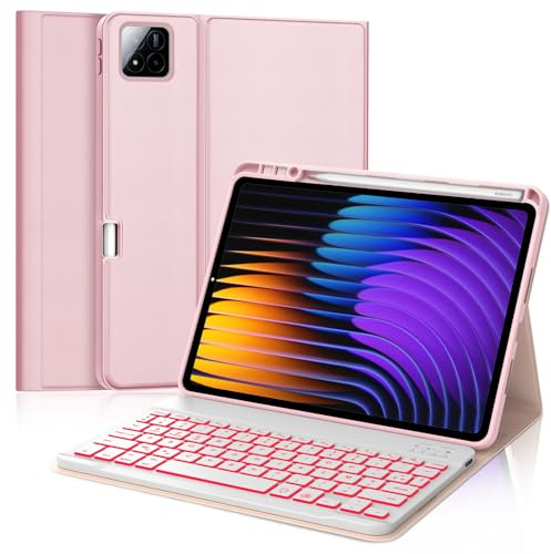 IVEOPPE Clavier pour Xiaomi Pad 8/Pad 8 Pro 2026 11.2/Pad 7/Pad 7 Pro 2025 11.2, Eclairage 7 Couleurs, Coque Clavier Rechargeable Français AZERTY Détachable avec Porte-Stylet, Rose