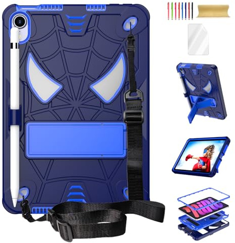 Dteck for iPad Mini (A17 Pro), Mini 6 (6th Gen) 8.3 Kid-Friendly Shockproof Case with Kickstand/Pencil Holder/Shoulder Strap, 3 Layers Drop Proof Protective Cute Spider Rugged Hard Tablet Cover, Blue