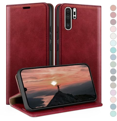 HUOUH für Huawei P30 Pro Hülle mit RFID Schutzhülle aus Lederhülle Handyhülle,Kartenfach Leder ständer Handy hülle,360 Grad Schutz Cover für Huawei P30 Pro Klapphülle Wallet Case Rot