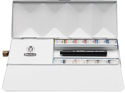 Schmincke – HORADAM® AQUARELL, stabiler Metallkasten mit Wassertank und Reisepinsel, 12 halbe Näpfchen, feinste Künstler-Aquarellfarben, 74 659 097