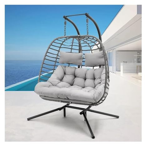 VNSMM Gartenschaukel Hängender Eierstuhl für 2 Personen mit Ständer für den Außenbereich, Terrasse, handgefertigt, Rattan-Geflecht, Doppel-Eierschaukelstühle Hollywoodschaukel Abdeckung