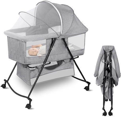 Lit bébé Multifonction, Lit Bebe avec Matelas et Moustiquaire, Mode lit et Berceau, Pliable et Facile à Ranger, Structure Solide et sûre, Cododo Mobile Chambre Bébé (92×66×80cm) Gris