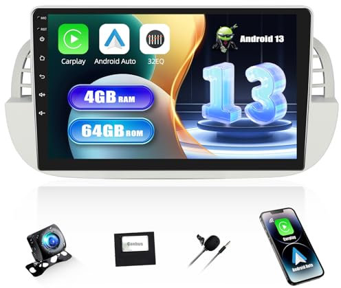 SIXWIN 4+64G Autoradio Android 13 con CarPlay/Android Auto/Mirror Link per FIAT 500 2007-2015,9 Pollici HD TouchScreen Schermo Navigatore WiFi Bluetooth 5.0 FM/RDS 32EQ+AHD Retrocamera