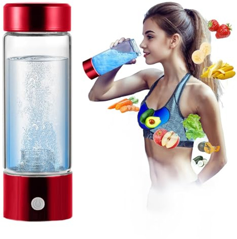 Wasserstoff Wasserflasche, 420ml Hydrogen Water Bottle mit SPE & PEM Technologie, Tragbare Glas Wasserstoff Flasche, 3 Minuten Schnelle Elektrolyse, Wasserstoff Generator für Reisen, Sport (Rot)