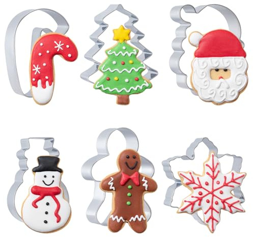 Husfunov Christmas Cookie Cutters Set 6 Pieces,Stainless Steel Metal Cutter with Christmas Tree, Gingerbread Man, Snowman, Snowflake, Candy Cane, Santa Face Shapes for Holiday