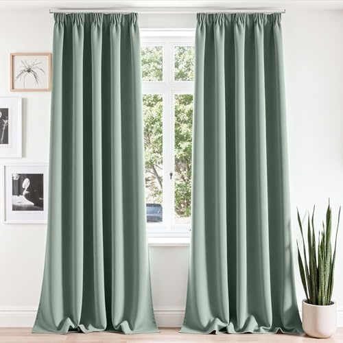 Vangao Gardinen mit Kräuselband Wohnzimmer H245xB140 cm 2er Set, Salbeigrün | Gardinen Blickdicht Kurz für Schienensystem, Schlafzimmer Kinderzimmer Küche Fenster, Modern Blackout Curtains Grün 245 lang