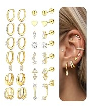 Dochais 13 Paar Ohrringe Damen 14K Gold Plated, Kleine Creolen, Huggie Stecker Ohrringe Set mit Flachen Rückteil 316L Chirurgischen Edelstahl Gold