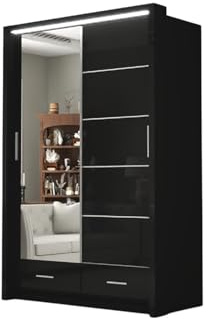 DELUXEWARE Modern 2 & 3 High Gloss Sliding Door Wardrobe with Mirror & Led Light – MDF Bedroom Wardrobe with Drawers, Hanging Rail, & Shelves for Bedroom Furniture (Black, 150cm)