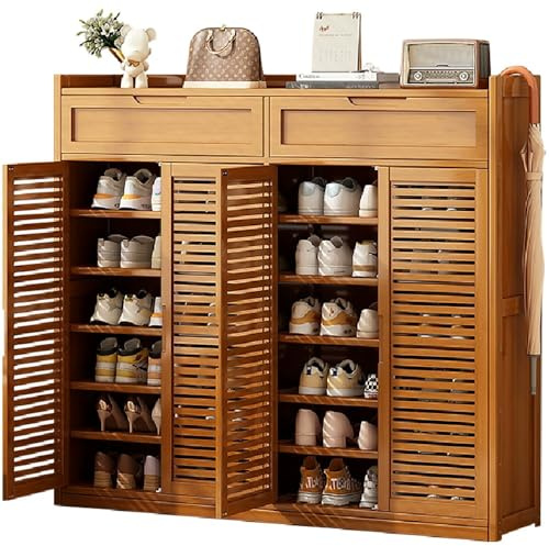 angelfanmily Bamboo Shoe Cabinet Large: 8-Tier Shoe Storage Unit with 4 Rattan Doors, Space Saving Shoe Storage Cupboard, Freestanding Shoes Rack Organizer for Hallway Bedroom Entryway