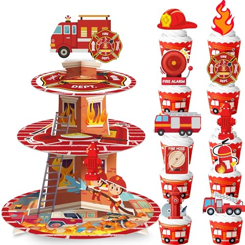 Feuerwehr Geburtstag Deko,11 Stück Feuerwehr Kuchen Deko-1 Stück 3 Etagen Feuerwehr+10 Stück Feuerwehr Tortendeko Feuerwehr Deko Kindergeburtstag