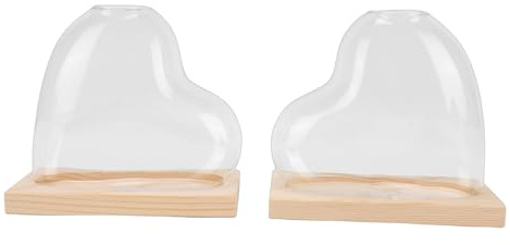 Sorandy Lot de 2 Vases de Propagation, Fournitures de Décoration pour la Maison, Le Bureau, Jardinière de Bureau en Verre en Forme de Cœur avec Base en Bois Massif pour Petites Plantes (Brun Clair)