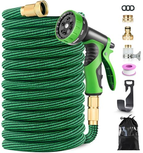 Manguera Jardín Extensible 30 Metros con Pistola 10 Modos, Manguera Flexible con Conectores Latón 1/2-3/4, Núcleo Látex 4 Capas, Universal para Riego y Lavado de Coches