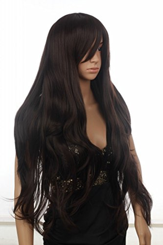 Prettyland Damen Schwarz Braun Extra lange Perücke Glatt Gewellt Welle Gestuft mit Pony C256