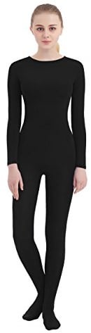 SUPRNOWA Women's Jumpsuit Bodycon Crew Neck Footed Unitard Long Sleeve Bodysuit with Zipper Comfortable Spandex One-Piece Dance Costume (M, Black Footed)