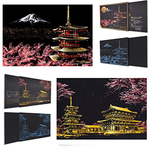 SiYear Scratch Paper Rainbow Malerei Skizze, City Series Night Scene, Scratch Painting kreative Geschenk, Scratchboard Kunst für Erwachsene und Kinder, mit 4 Tools (Mount Fuji + Kirschblüte)