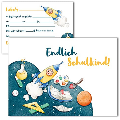 Klasse 10x Einschulung Einladungskarten Einladung Kinder Mädchen und Jungen 10x15 cm Party Kinder Schulbeginn Schulstart Erstklässler Schulkind Erste Schulanfang Rakete
