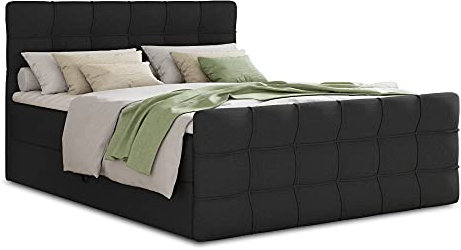 Boxspringbett Best Lux mit Fußteil, 2 Bettkästen und Topper - Doppelbett, Bonell-Matratze, Polsterbett, Bett, Betten, Bettgestell, Schlafzimmer (Schwarz (Inari 100), 180 x 200 cm)