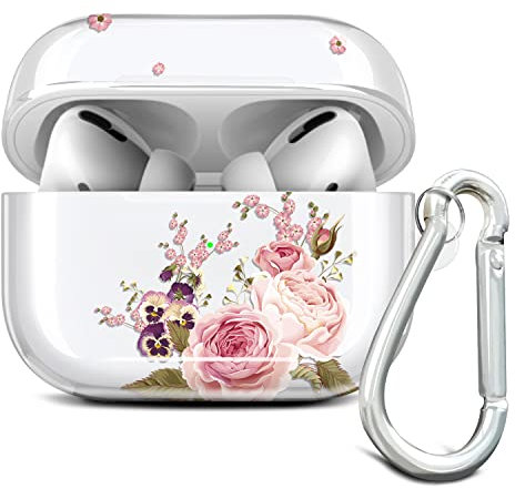 JAHOLAN Kompatibel mit AirPods Pro Hülle Silikon Blume Stoßfeste Kopfhörer Taschen Case Schutzhülle Zubehör mit Karabiner Kompatibel mit AirPod Pro Rose Pink
