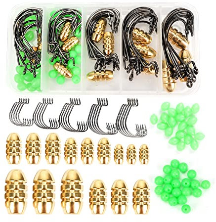 Piscorush 105 Stück Angelhaken Kit Angelzubehör Set Jig Haken, Bullet Bass Werfen Sinker Gewichte Angelleine Perlen usw mit Angehen Box Angler Geschenke Angeln Geschenk (105 Stück Kit)