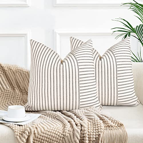 YCOLL 2er Set Kissenbezug 50x50 Baumwolle Leinen Kissenhülle Sofakissen Streifen Dekokissen Boho Deko Kissenhüllen Dekorativ Kissenbezüge für Sofa Wohnzimmer Schlafzimmer Outdoor Kissen 50x50 Gray