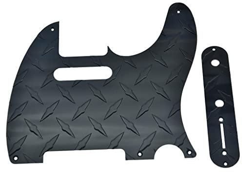KAISH Diamond Plate Vintage 5 Hole Tele Pickguard with Metal Aluminum Diamond Plate Control Plate and Screws for American/Mexican FD Telecaster Black