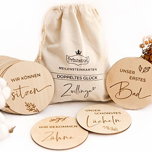 Prinzental ® 30 Baby Meilensteinkarten für ZWILLINGE auf edlen Holzscheiben | Zwillinge Geschenk Geburt | Originelles Geschenk zur Geburt von Zwillingen