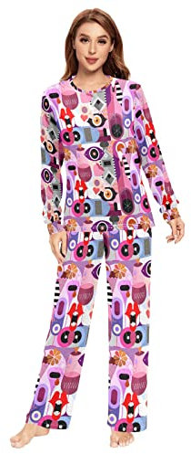 JUNZAN Bright Wild Lips Pyjama noir à manches longues pour femme, haut et bas, vêtements de nuit pour couple, taille XXS, Art Cocktails Limonades Verres Bouteilles, XS