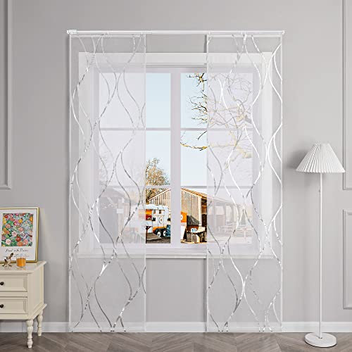 Yujiao Mao 2er-Set Schiebevorhänge mit Klettband Dicke Schlangenlinie Muster Doris Garn weiß fertiggardine für groß Fenster,HxB 145x57cm Silber