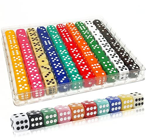 SLSESIN 100 Pieces 16MM Dice Set, 6 Sided Standard Colored Dices with Portable Plastic Box, Opaque 10 Colors Games Dice for Board Games, Parties, Classroom Math Bulk Dice