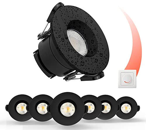 paul russells LED Recessed Downlight, Dimmable Warm/Cool/Day White 3 Adjustable CCT, 6Watt, IP65 Water, Dust & Fireproof Round Spotlight with Fixed Bulb and Black Bezel Ceiling Lights, 6 Packs