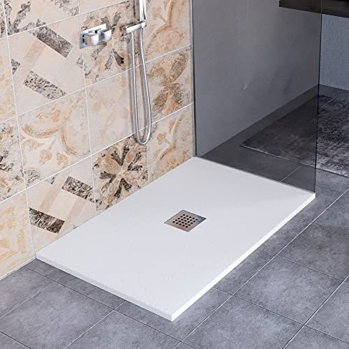 Luminosa ArredoBagno Plato de ducha de resina 80 x 180 cm – Modelo Florence – Efecto piedra antideslizante con gelcoat – Fabricado en Italia – Desagüe incluido – Color blanco