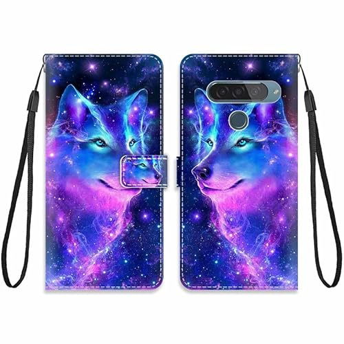 KARTXITAI Hülle Kompatibel mit LG G8s ThinQ,Leder Handyhülle mit Kartenfach Geld Slot Ständer PU Ledertasche Wallet Flip Magnetische Muster Schutzhülle-Wolf,bunt