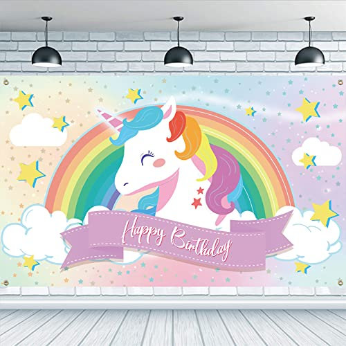 FINGERINSPIRE Regenbogen Einhorn Happy Birthday Hängendes Banner 185x100 cm - Party Dekoration Mit Cartoon Wolken Sterne Hintergrund für Foto Shooting - Stoff Geburtstagsfeier