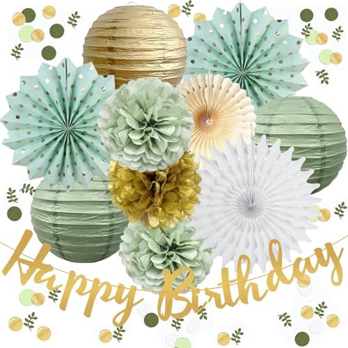 Salbeigrün und Gold Geburtstagsdeko Hängende Papierfächer Laternen Papier Pom Poms Salbeigrün Gold Streukonfetti Tischdekoration für Mädchen Frauen Babyparty Neutral Geburtstag Party Dekorationen
