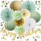 Salbeigrün und Gold Geburtstagsdeko Hängende Papierfächer Laternen Papier Pom Poms Salbeigrün Gold Streukonfetti Tischdekoration für Mädchen Frauen Babyparty Neutral Geburtstag Party Dekorationen