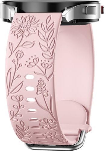 Mastten Sunflowers Engraved Strap Compatible with Samsung Galaxy Watch 7 6 5 4 40mm 44mm Women, 20mm Soft Silicone Band for Galaxy Watch FE/Active/Active 2/Watch 3 41mm/5 Pro/4 6 Classic, Pink